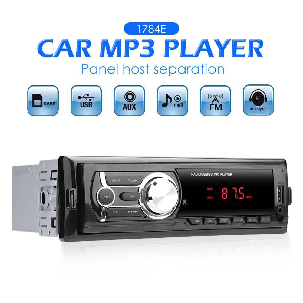 Car Stereo MP3 Player Head Unit 1784E AUX USB FM Radio Receiver Detachable Panel for Outdoor Personal Car Ornaments