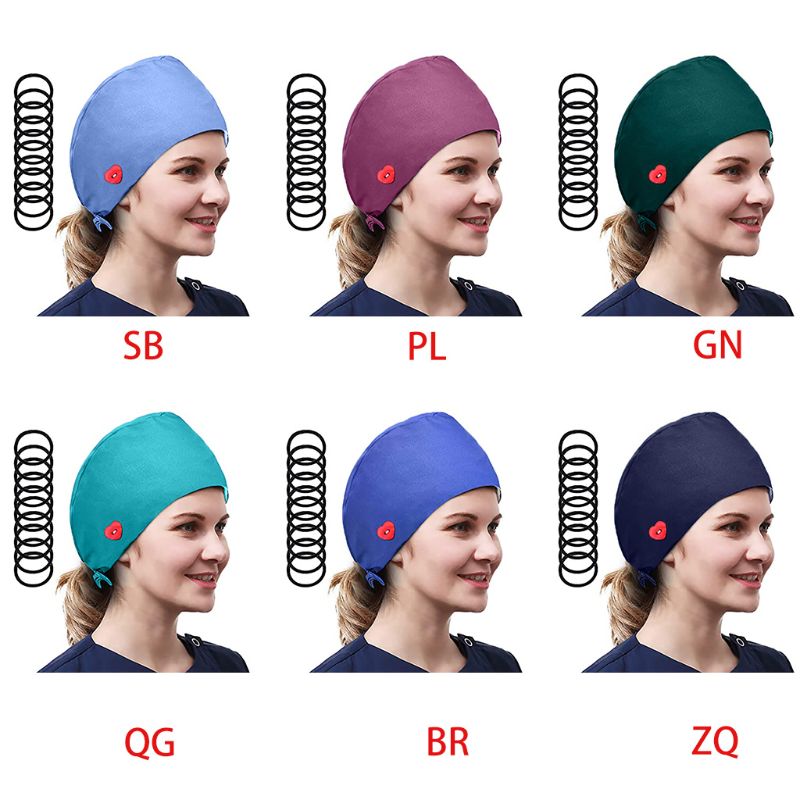 Women Solid Color Buttons Scrub Cap with 10Pcs Hair Ties Bouffant Hat