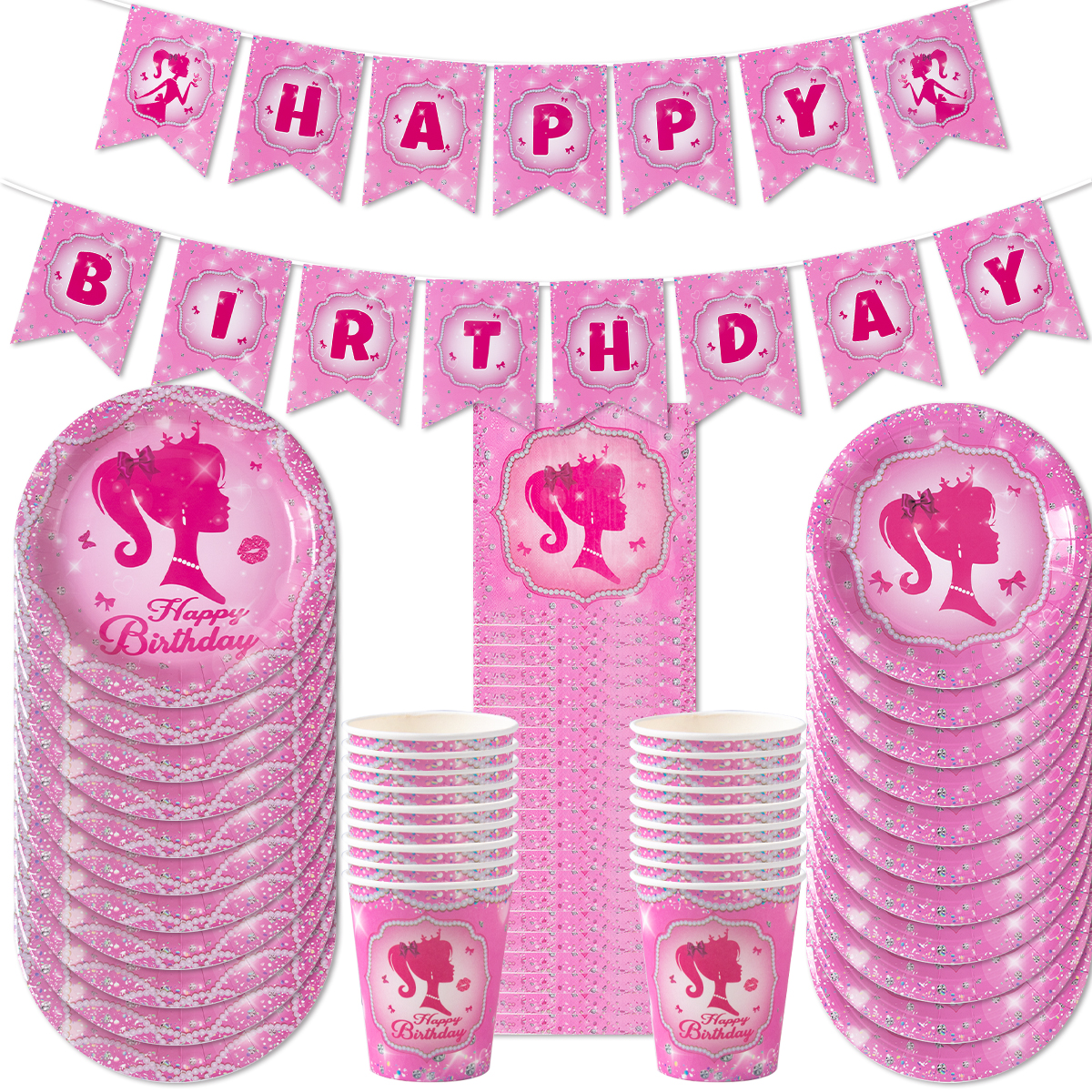Vaisselle jetable pour fête à thème rose pour filles, assiette en papier, tasse, serviette, princesse, décor de fête d'anniversaire pour enfants, fournitures de réception pour bébé