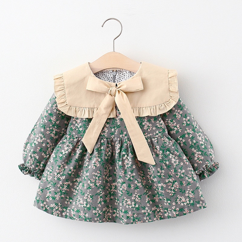 Höst bebis flickor puffärm klänning slagkrage rosett söt vintage kläder prinsessa blommiga vestidos outfits för fest