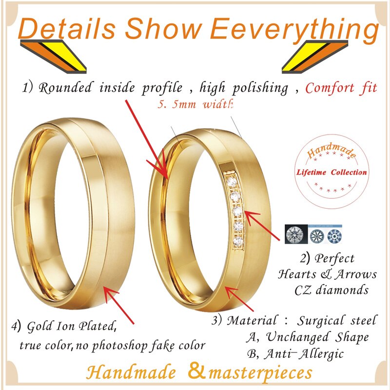 Golden Lover 'S Sieraden Alliantie Anniversary Engagement Paar Trouwringen Voor Mannen En Vrouwen Huwelijk Vinger Ring