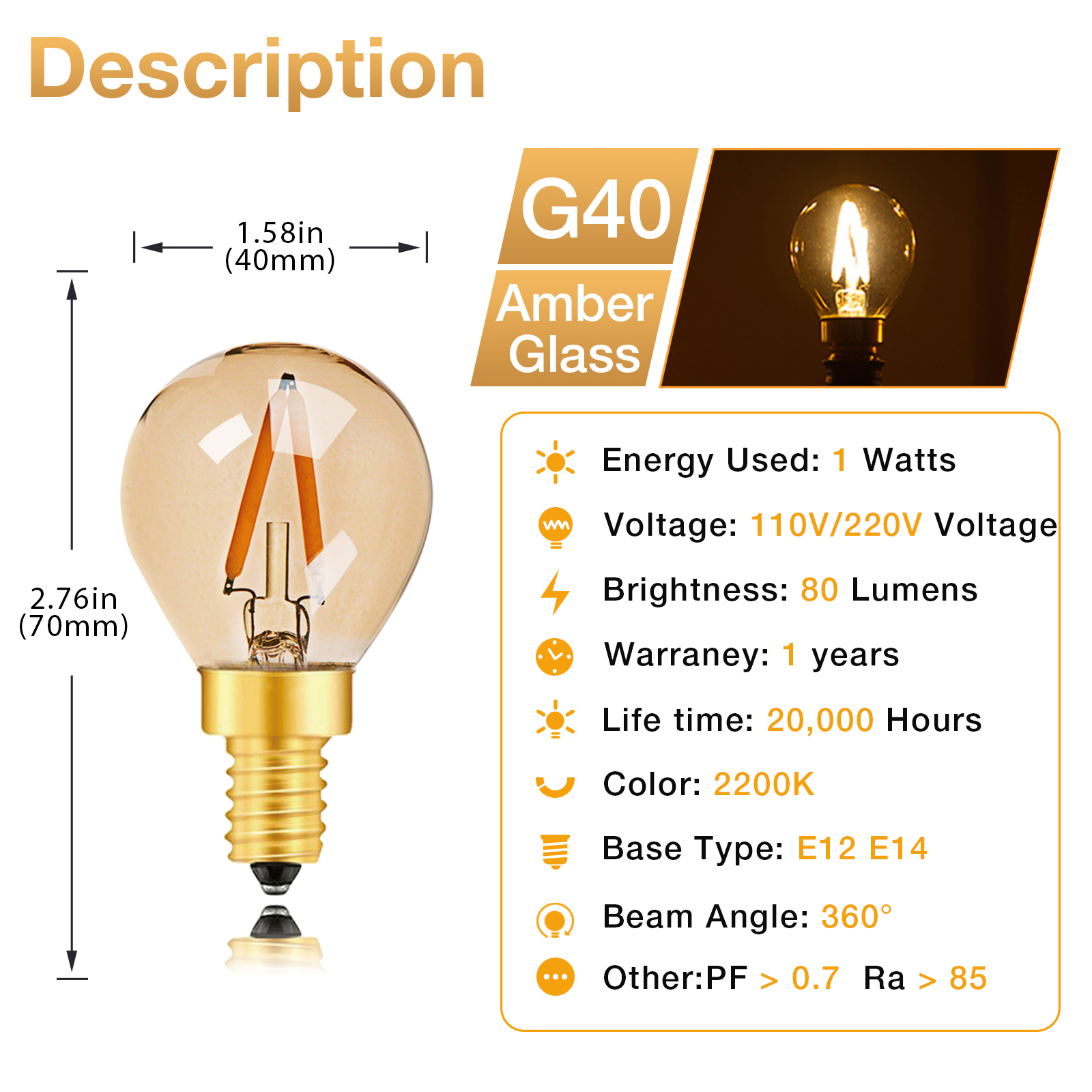 Bombilla de repuesto G40 Led 220V E12 E14 0,5 W 1W 2W S14 C7 T16 lámpara LED luz nocturna de filamento para lámpara de araña: Blanco / 4 ud