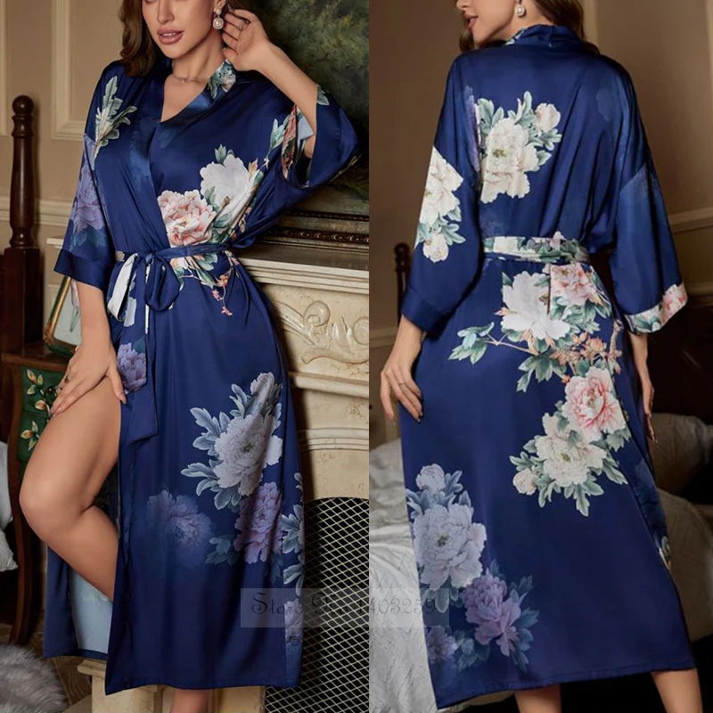 Peignoir kimono à manches mi-longues de style japonais pour femmes, robe longue femme, chemise de nuit, vêtements de nuit, satin imprimé fleuri, robe en span pour la maison