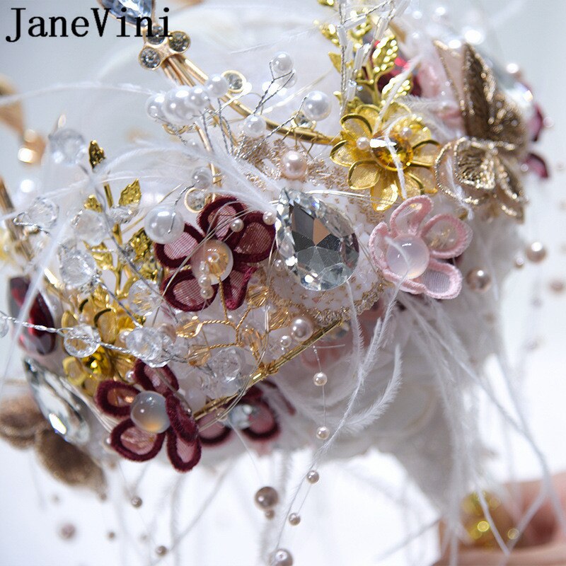 JaneVini luksusowa czerwona róża panna młoda berło złota korona pióro bukiet ślubny perły luksusowe ręcznie kryształbyć winnym kwiaty ślubne gospodarstwa