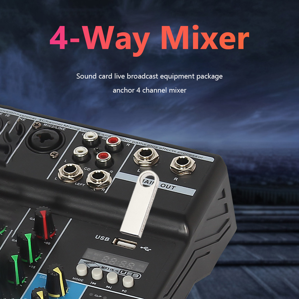 Wireless 4-channel Audio Mixer Portable Sound Mixing Console USB Interface MP3 Computer Input 48V Phantom Power Monitor for Home