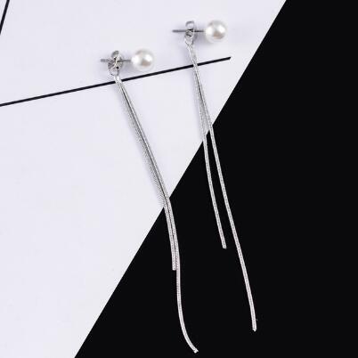 Korean Silver Plated Dangle Hanging Earring CZ Gem Stone Pearl Long Tassel Earrings For Women Brincos Bijoux: Silver pearl