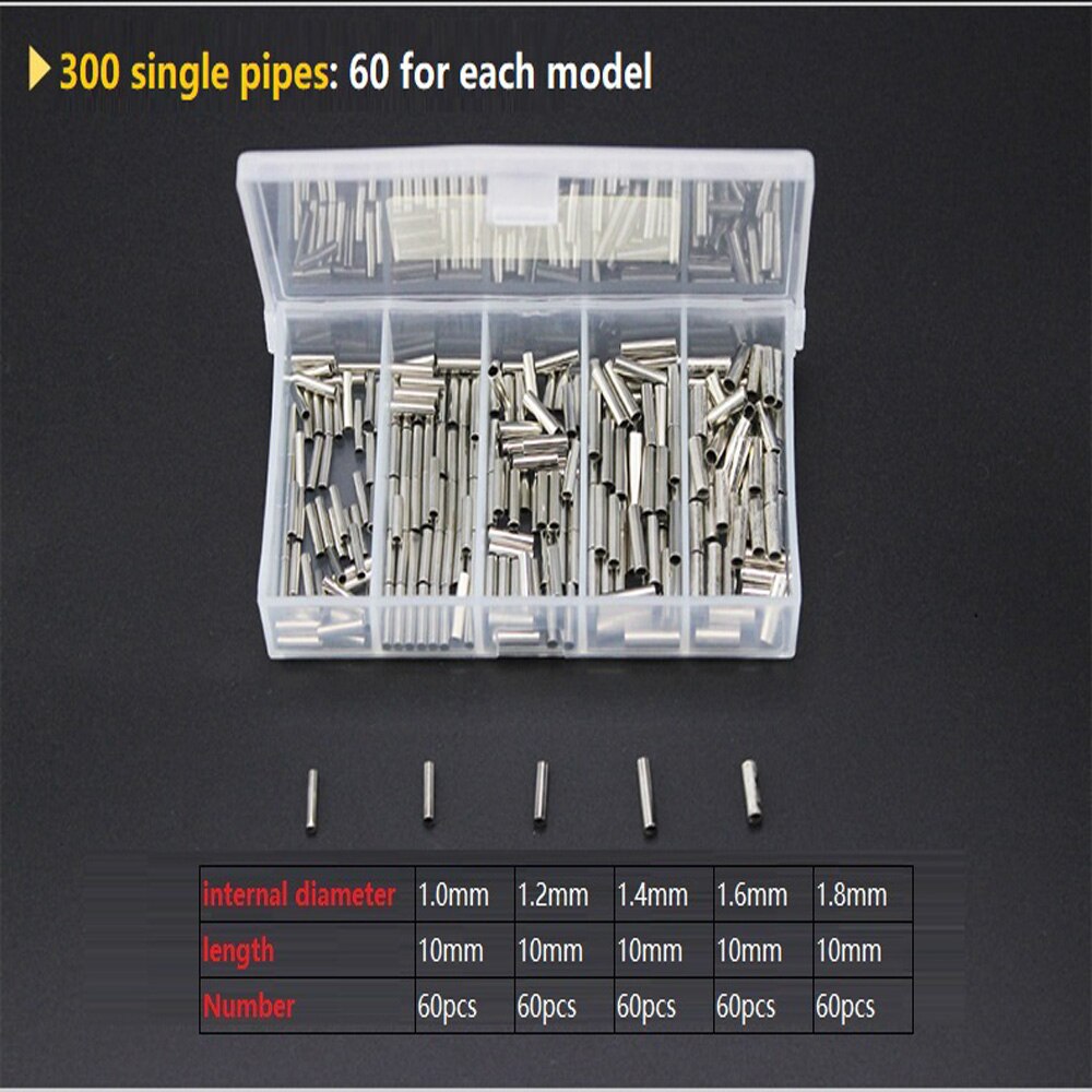 300pc/lot Single copper tube Barrel Crimping Sleeves fishing stainless steel fishing line Crimp Connectors 5 Size Mixed with Box