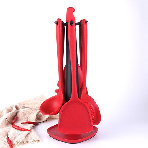 Food Grade Siliconen Koken Tool Gemak Keuken Non-stick Pan Schop Lepels Vergiet Keukengerei Huishoudelijke Accessoires Item: 7PCS  Red