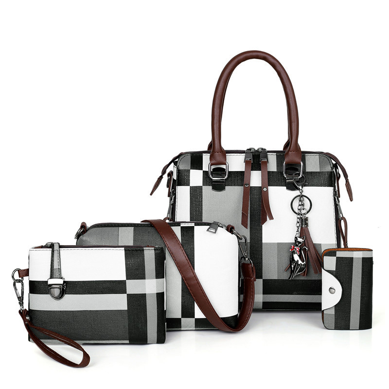 SMOOZA 4-Piece Plaid Handbag Set for Women - Luxury Shoulder Bags with Tassel & Zipper Closure: Gray