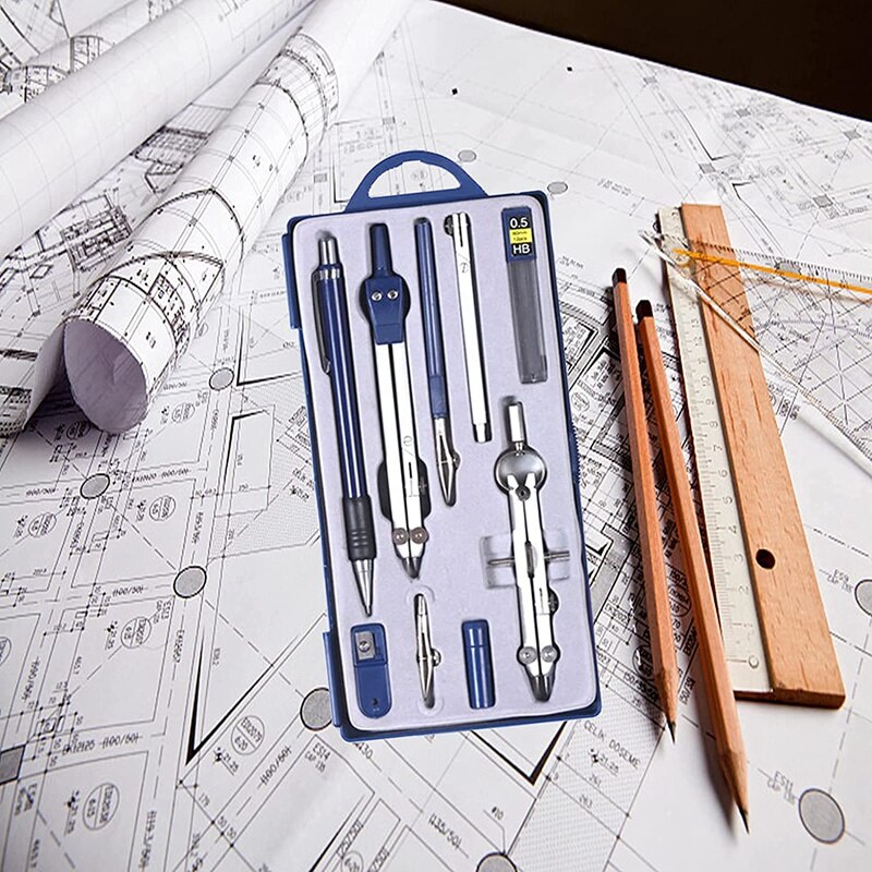 9 Pcs Metal Geometry Set Compass for Woodworking, Drawing Compass Protractors Classroom Set Drawing Kit for Geometry