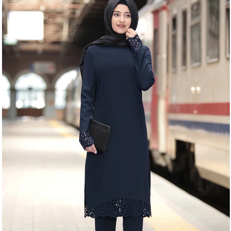 Kalkon muslimsk klänning kvinnor långa toppar ihåliga solida islamiska ropa hijab klänningar marockanska kaftan jilbab fest vestidos abaya ramadan