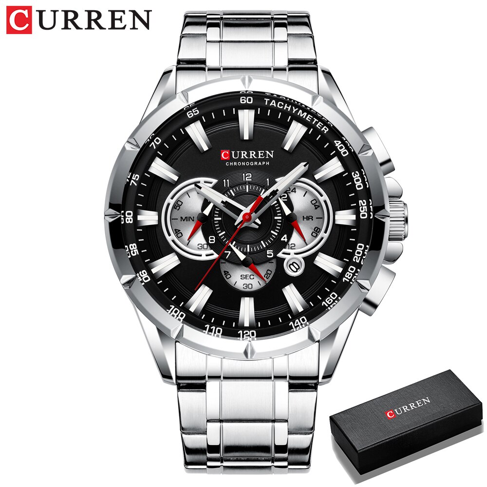 CURREN Casual Sport Chronograaf Heren Horloges Roestvrij Stalen Band Horloge Grote Wijzerplaat Quartz Klok met Lichtgevende Pointers: Bruin
