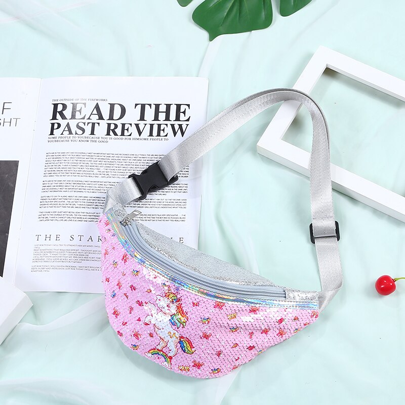 women leather waist bag cartoon sequin fanny pack for kid girl cute phone chest bag female belt bag fanny packs: 16