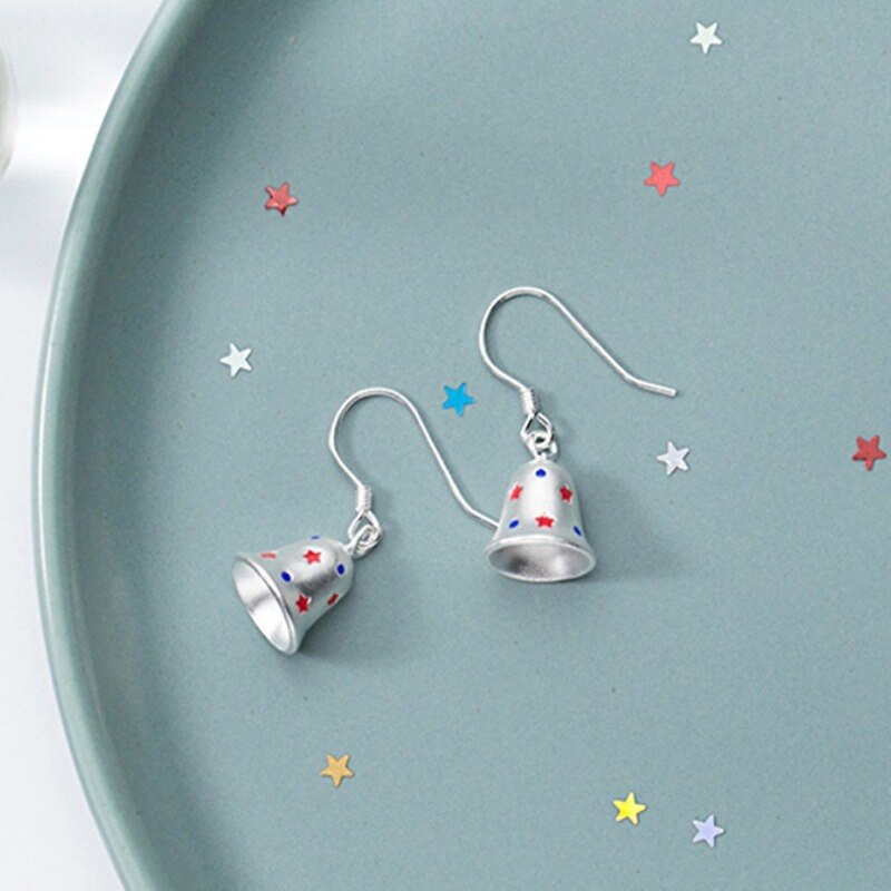 BONLAVIE 925 pendientes de plata para mujer Dulce Estrella campana colgante de oreja corta anillos de navidad
