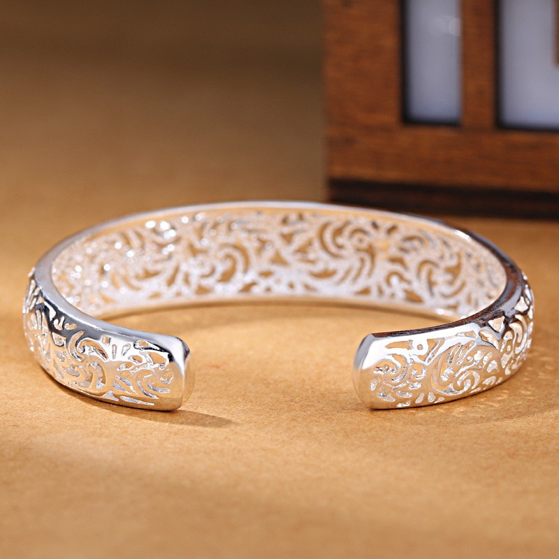 Foxanry 925 Stamp Cuff Bangles &amp; Bracelet Ethnic Hollow Flowers Bracelet for Women Wedding Jewelry