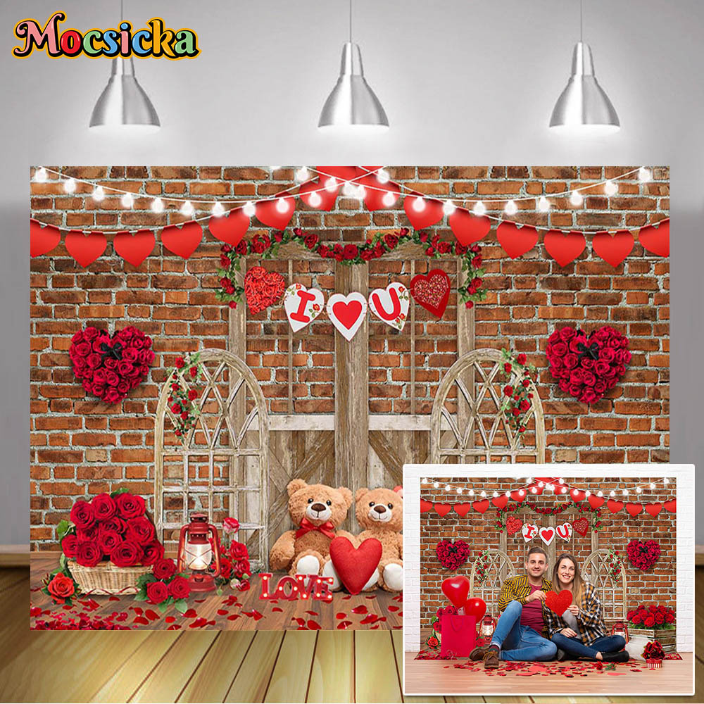 Rustic Brick Wall Backdrop Wooden Door Frame Romantic Wedding Props Red Roses Decor Party Glowing Light Strip Photography Studio