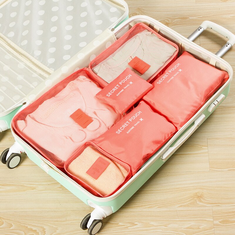 6 stks/set Reistas Voor Kleding Functionele Bagage Organizer Hoge Capaciteit Mesh Verpakking Cubes Reizen Accessoires: Watermeloon Red