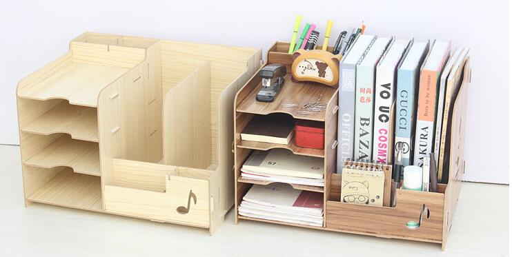 Large wooden desktop storage box office storage rack A4 data file holder pen holder bookcase: White oak