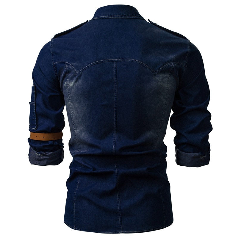 Camisa vaquera lavada de manga larga para hombre, estilo informal, ajustada, con cuello cuadrado, para otoño e invierno