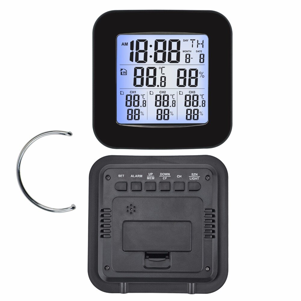 Weather Station Indoor/Outdoor Wireless Sensors Digital Thermometer Hygrometer Black LED LCD Display Temperature Humidity Clock