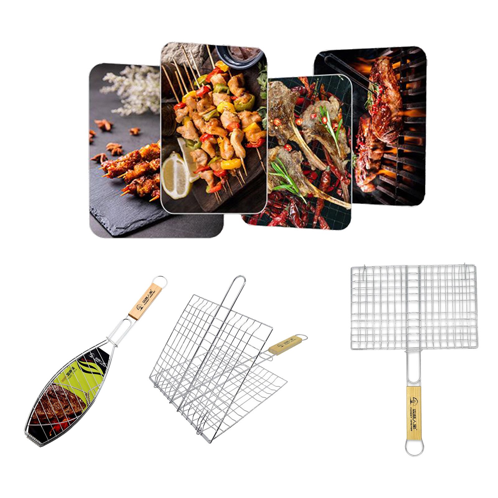 Stainless Steel Grill Basket Barbecue Grill Basket with Wooden Handle for Meat