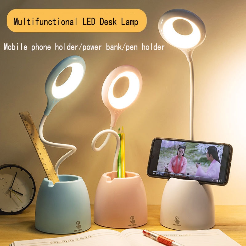 Led bureaulamp oogbescherming leren drie-blok touch opladen schat penhouder studentenhuis oogbescherming bureaulamp