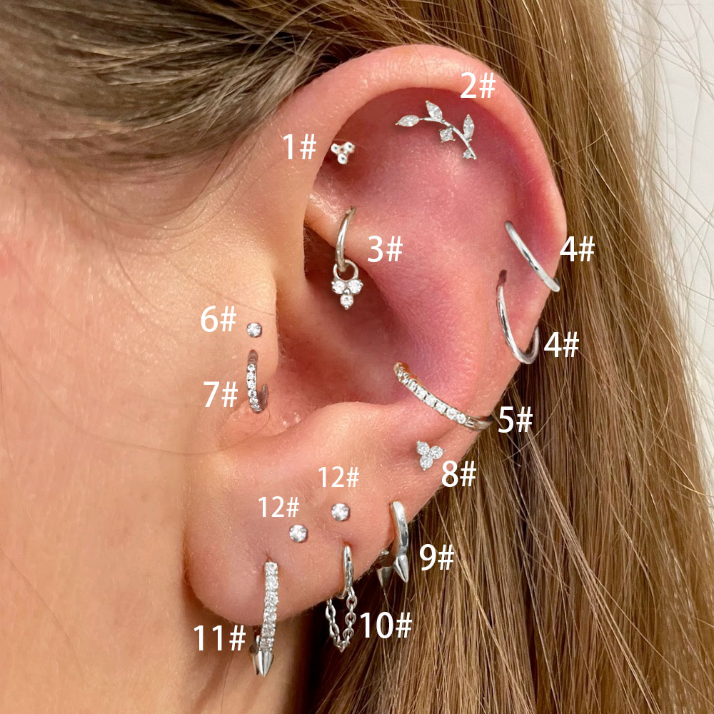 Conch Rook Helix Tragus Lobe Chain Hoop Earrings Zircon Cartilage Stainless Steel Stud Earring Piercing Jewelry: WHITE / SILVER PLATED