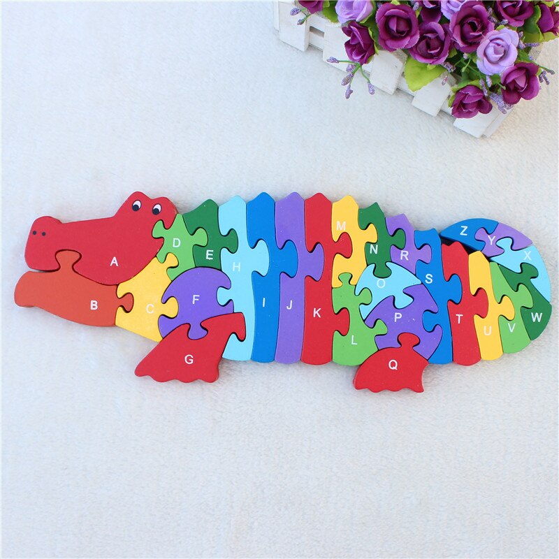 Di legno 3D Puzzle Giocattoli Educativi Animali Elefante Mucca Dinosauro Puzzle Di Legno Giocattoli Per Bambini Numeri Alfabetico Lettere di Apprendimento Giocattoli: Crocodile