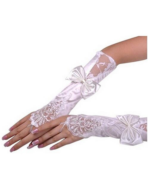 Neue Weiß Und Elfenbein Spitze Hochzeit Braut Handschuhe Perlen Pailletten Fingerlose Handschuhe Braut Mit Bogen