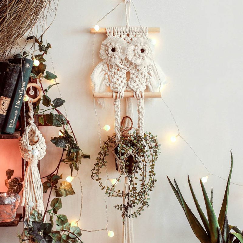 Handwoven Macrame Uil Tapestry Plant Hangers Opknoping Mand Bloempot Houder C6UE