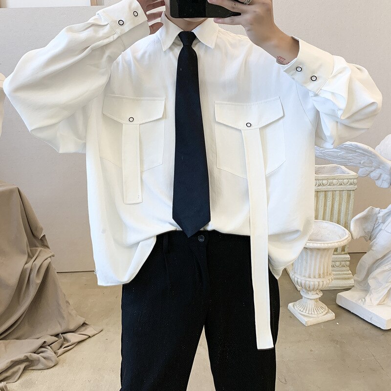 Chemise Cargo à manches longues pour homme, belle veste de Style coréen, uniforme individuel avec cravate, vêtements Hip Hop, printemps automne: White
