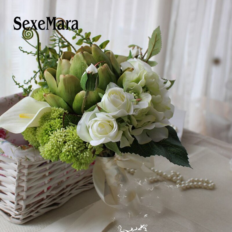 Sexemara lilla, grøn post kød plante bryllup buketter brud holder blomst vandfald hånd blomst bryllup buket