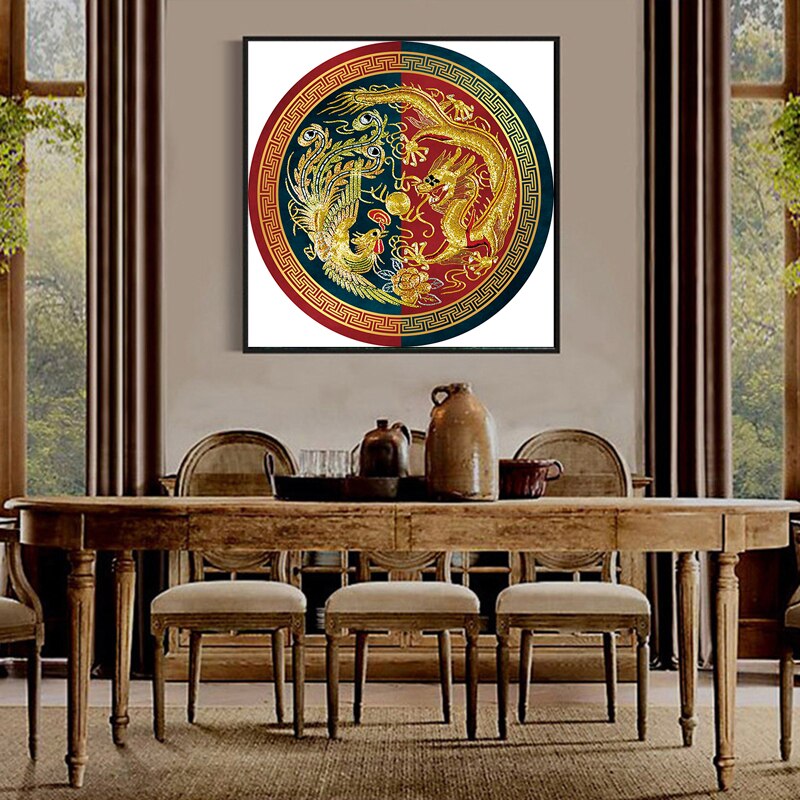 Dragon and phoenix Round pattern Chinese Cross Stitch Embroidery Kits 11CT Cotton Thread Painting DIY Needlework DMC Home Decor