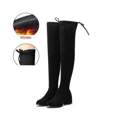 Sort elastisk flok slim fit over knæet støvler kvinder efterår vinter damer høj hæl varm pels plys lang lår høj botas: Vinter sort / 4
