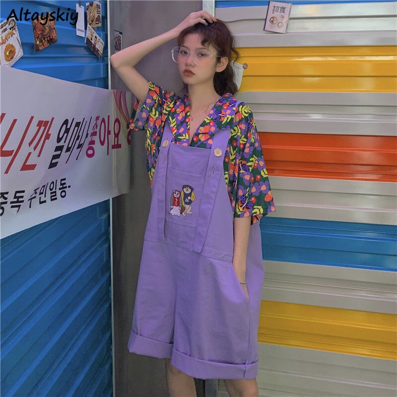 Monos Harajuku morados Ulzzang para mujer, Pelele de dibujos animados de gran tamaño, estilo universitario, trajes para mujer