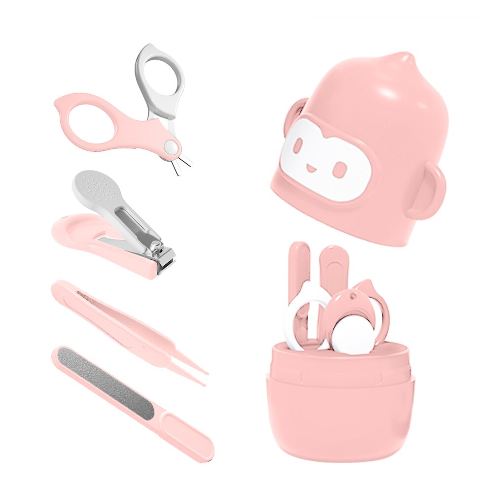 cartoon Baby Nail Clipper Set with Monkey Storage Box Newborn Nail Clipper baby hygiene kit scissors Care Set Kids Nail Care: pink