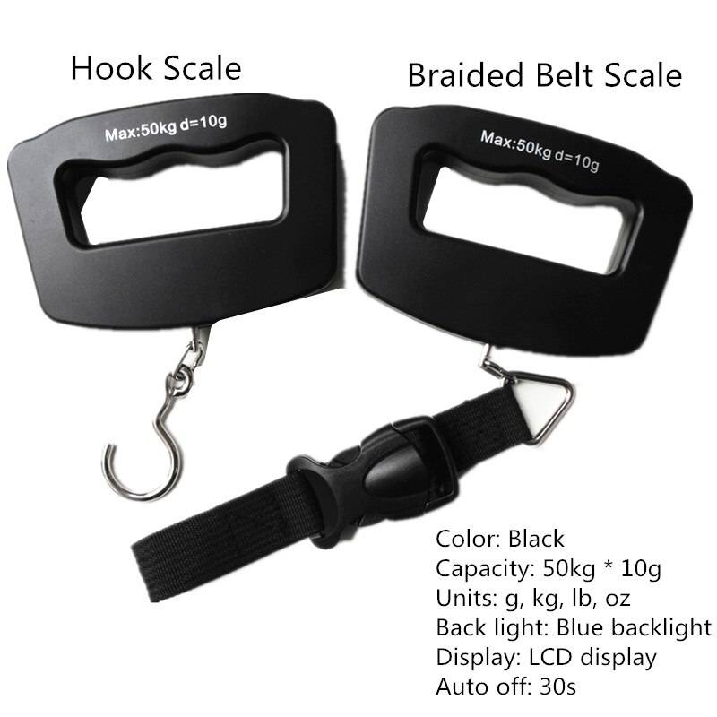 Draagbare Mini Hangende Schaal 50Kg 10G Elektronische Weging Bagage Weegschaal Vis Haak Digitale Schaal Blauwe Display Balans