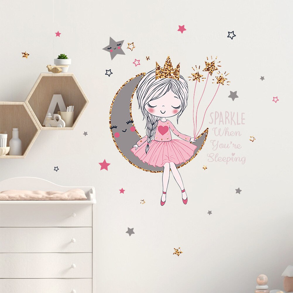 Prinsesse på månen wallsticker pigeværelse soveværelse indretning tapet stue til boligindretning smukke tegnefilm klistermærker