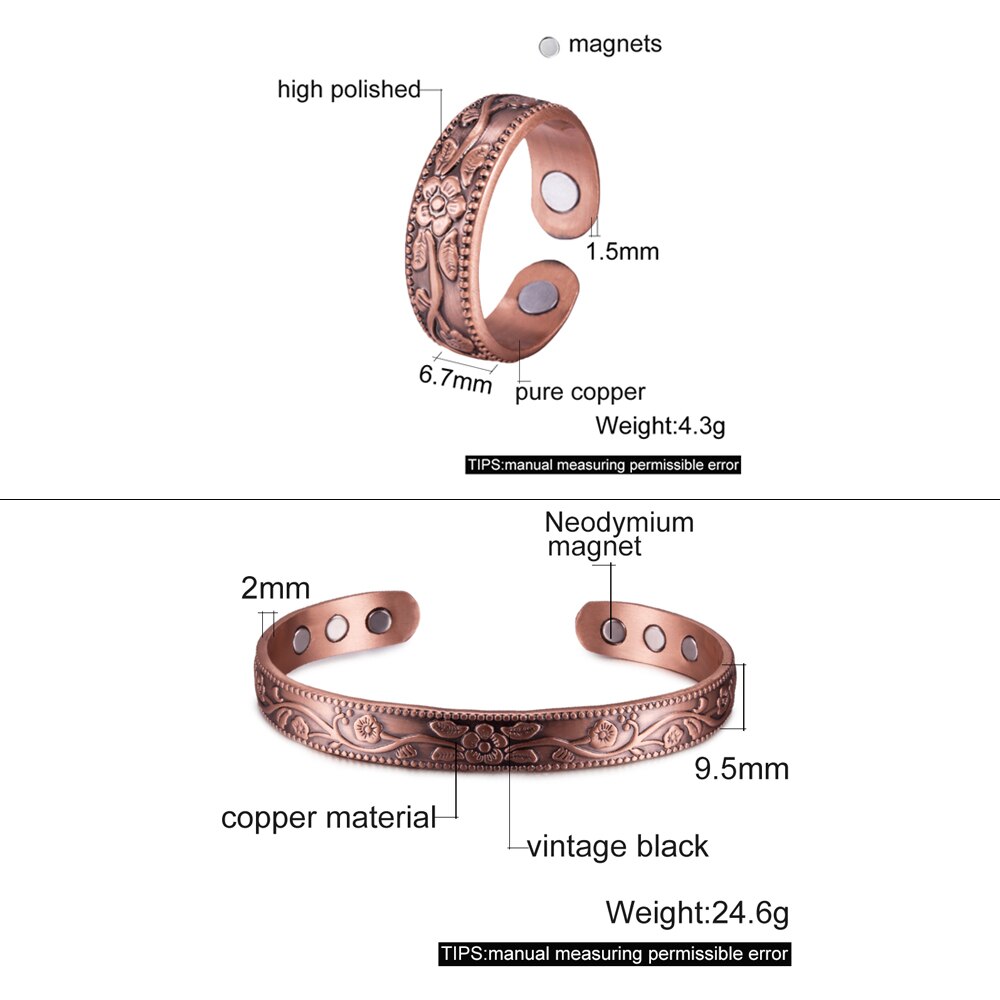 Conjunto de joyas magnéticas de cobre puro para hombres y mujeres, conjunto de joyería de artritis energética, flor Vintage, anillo de pulsera ajustable