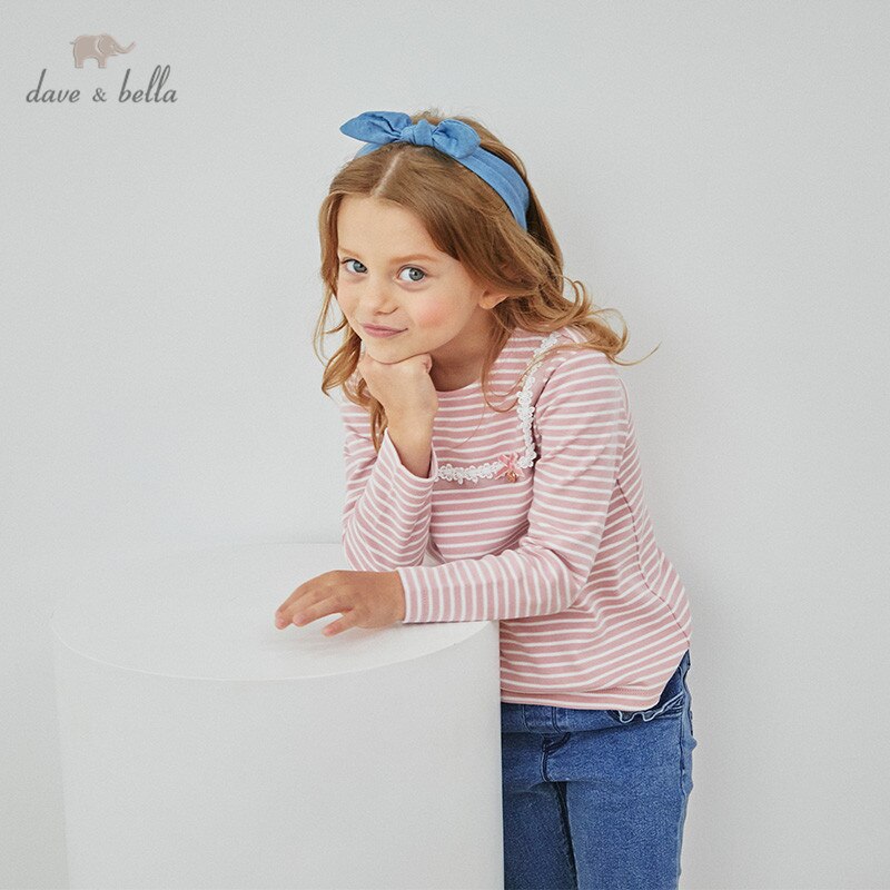 Dkh14242 dave bella outono 5y-13y crianças roupas moda arco floral listrado impressão camiseta meninas de alta qualidade moda t