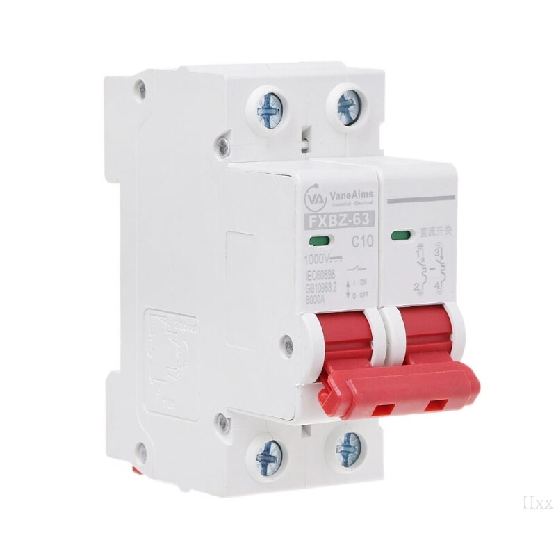 2P DC 1000V Solar Mini Circuit Breaker 10A/16A/32A/50A/63A DC Photovoltaic MCB Q1QC: 10A
