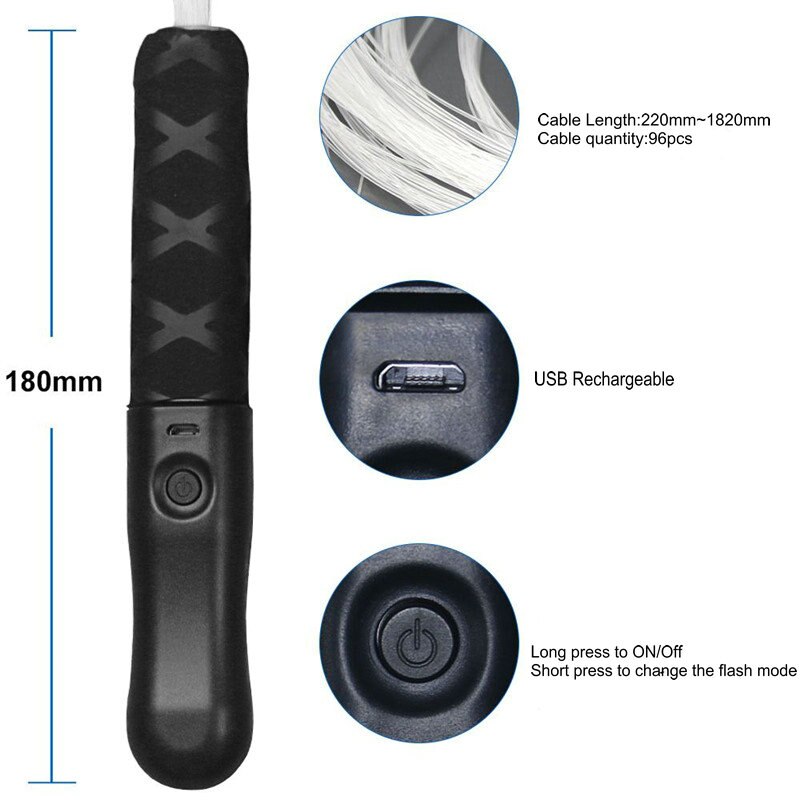 Disco Dance Whip Party Led Fiber Optic Dancing Whips Rechargeable Glowing whip 7 Colors 4 Glow modes Sparkle flow toy 360° Swive