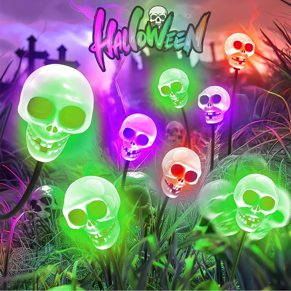 1/2pcs Halloween Solar Firefly Light LED Swaying Garden Landscape Light Sway By Wind Waterproof Path Lamp With Skull Solar light