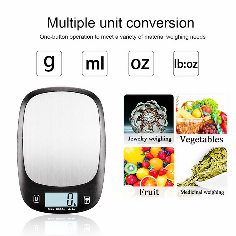 5kg electronic digital display scale kitchen scale Multifunct food scales stainless steel scale baking scales fitness slimming