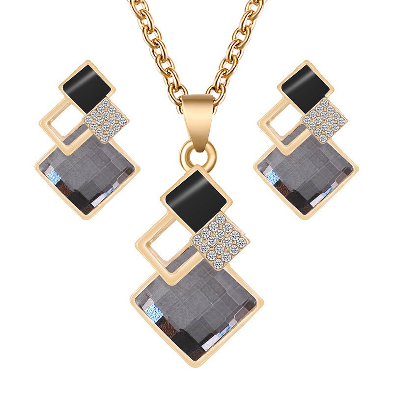 Conjunto de collar y pendientes con colgantes de cristal para mujer, conjunto de joyería nupcial, pendientes y collares de boda: Gold Gray