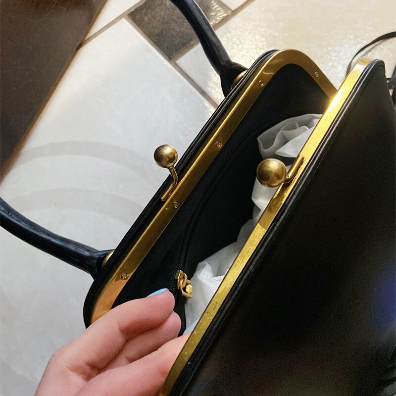 Brass Golden Metal Frame Women Handbags Long Tassel Crossbody Hand Purse Black Shell Top Handle Fringe Bags Shoulder Bag Female