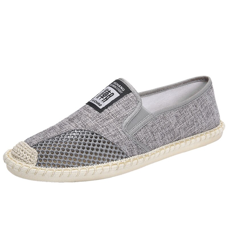 men breathable flat shoes espadrilles linen woven sleeves casual canvas shoes classic driving straw mesh lazy shoes sneakers: Gray / 7