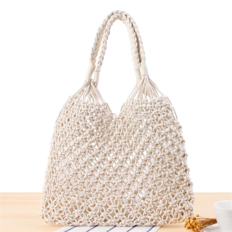 Bolsa de paja hueca Bolsa tejida Bolsos Bosque hembra Malla Cuerda Tejido Hebilla Red reticulada Bolsa de hombro hecha a mano Bolsos de playa: White