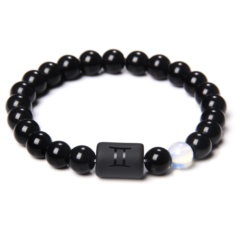 12 Constellation Zodiac Signs Beads Couples Bracelet Natural Black Onyx Stone Elastic Charm Bracelet for Women Men Birthday: dark green
