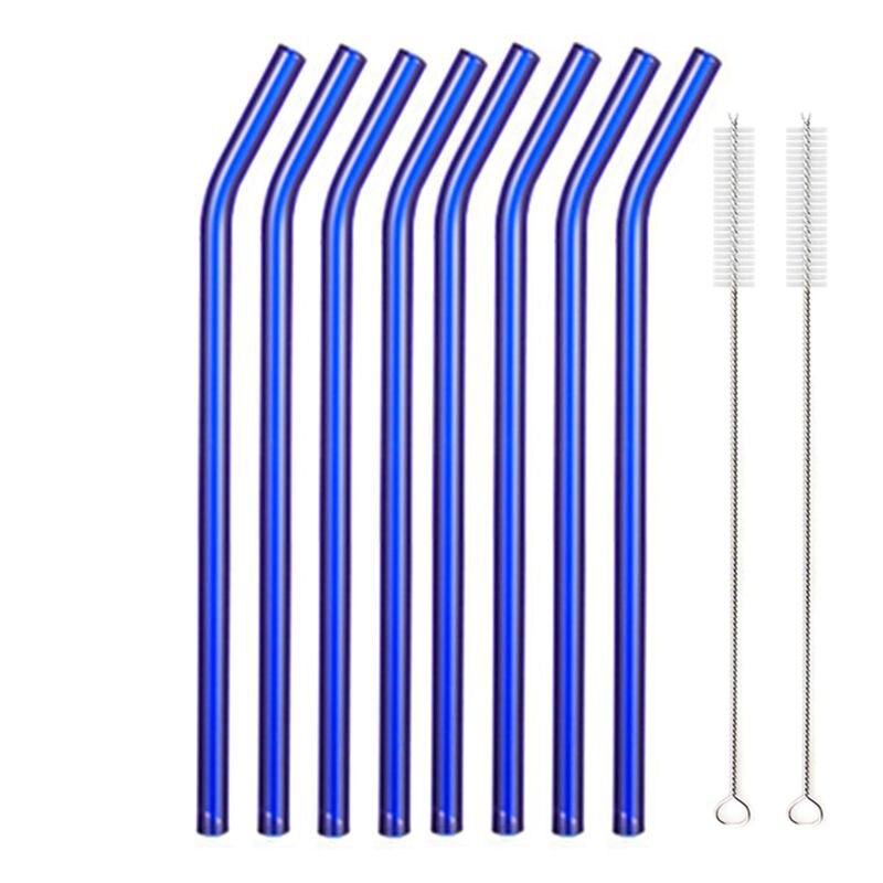 Lote de Pajitas Ecológicas Reutilizables, Pajas 8,5&quot; x 8mm para Beber de Vidrio Multicolor, para Bebidas Saludables, Cócteles, Granizados, Batidos: 8pcs Blue Bent